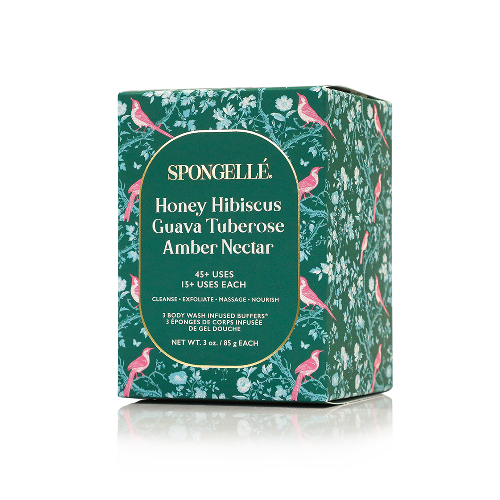 Spongellé Body Buffer Trio Set 11 with three body wash-infused buffers in soft, textured sponges for gentle cleansing.