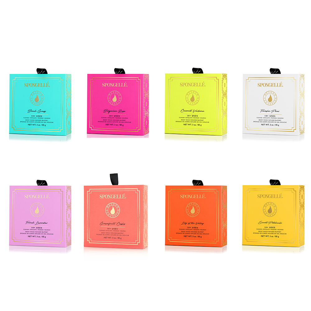 Assorted boxed Spongellé Body Wash Infused Buffer set with floral design and colorful buffers for skincare and exfoliation.