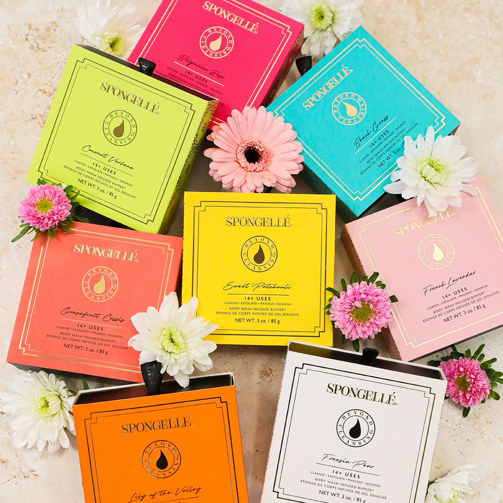 Spongellé Boxed Flower Assorted Pack with body wash-infused buffers, featuring colorful floral design and multiple textured buffers inside.