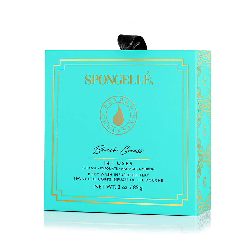 Assorted pack of Spongellé Body Wash Infused Buffers with floral designs, showing colorful sponge buffers in a boxed set.