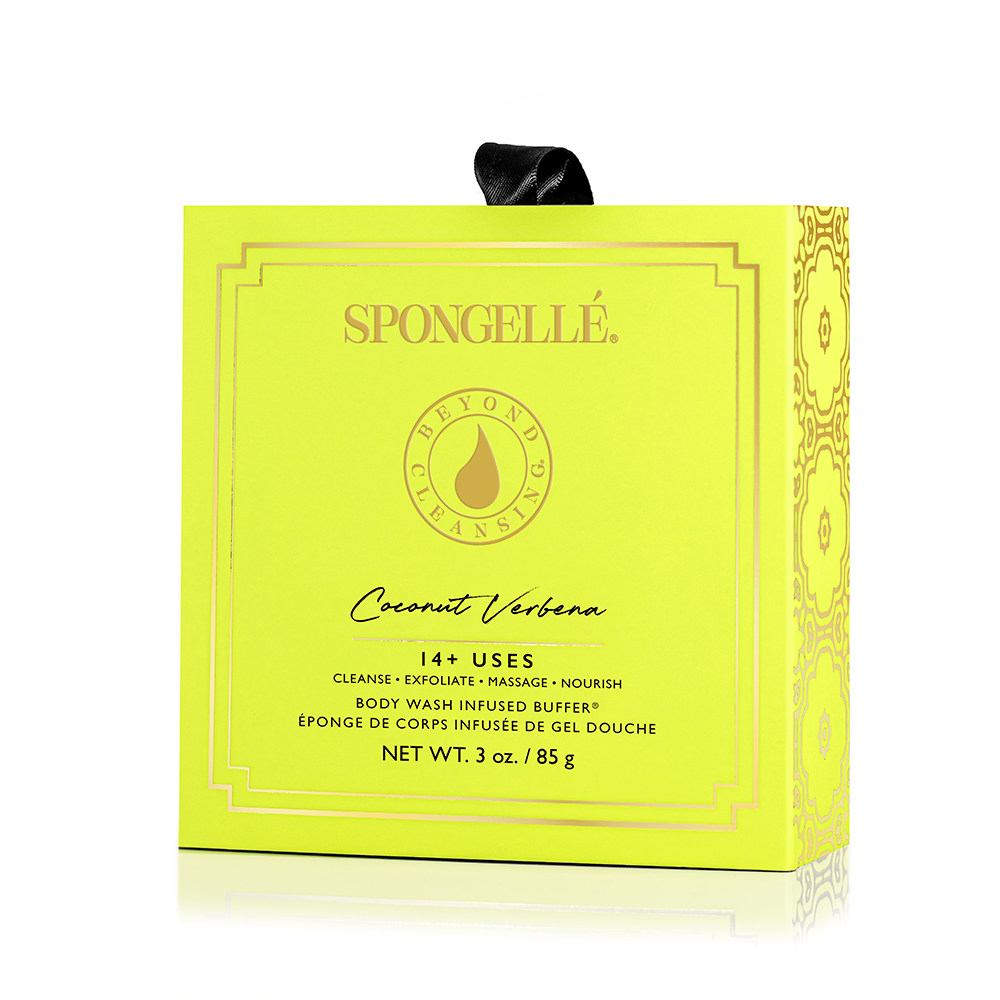 Spongellé boxed flower assorted pack of body wash infused buffers with colorful flower designs on the packaging.