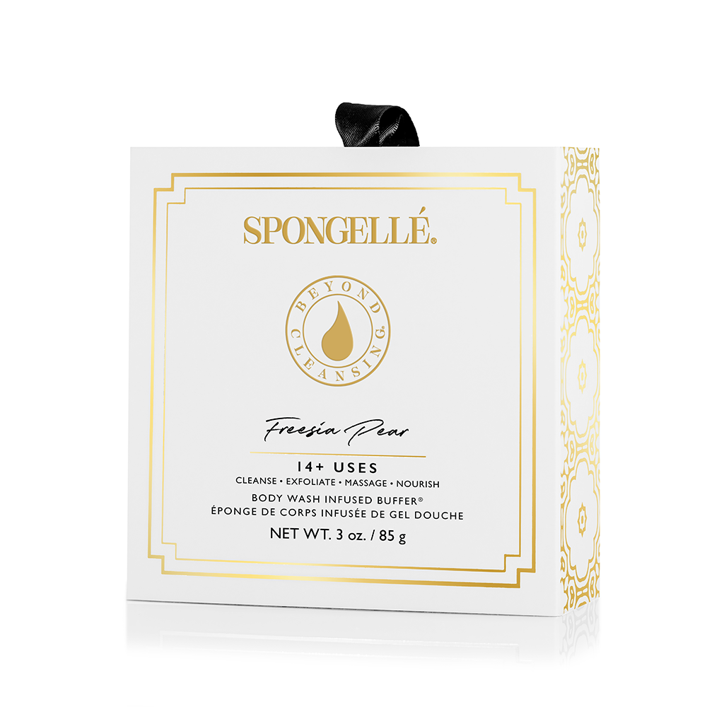 Spongellé Boxed Flower Assorted Pack with body wash infused buffers featuring colorful floral designs and soft, textured surfaces.