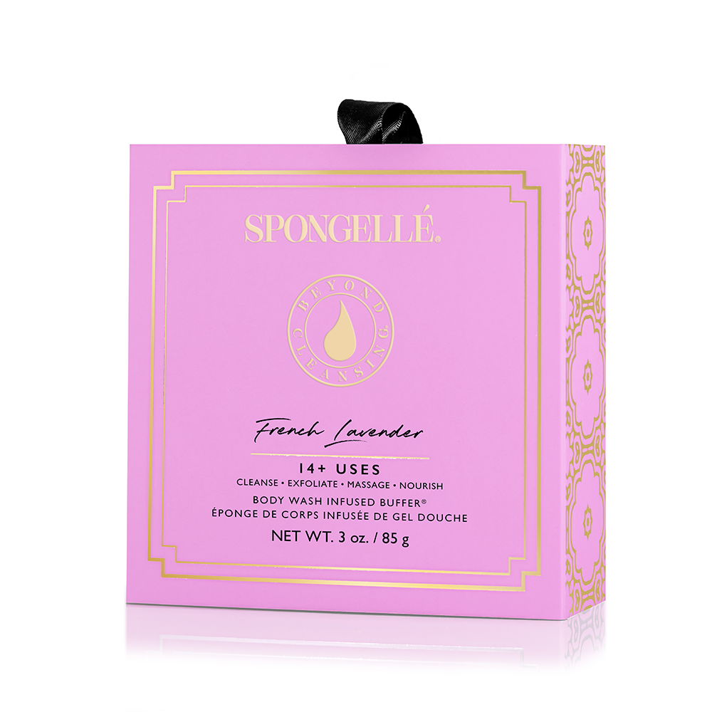 Spongellé boxed flower assorted pack of body wash infused buffers with floral designs and colorful packaging.