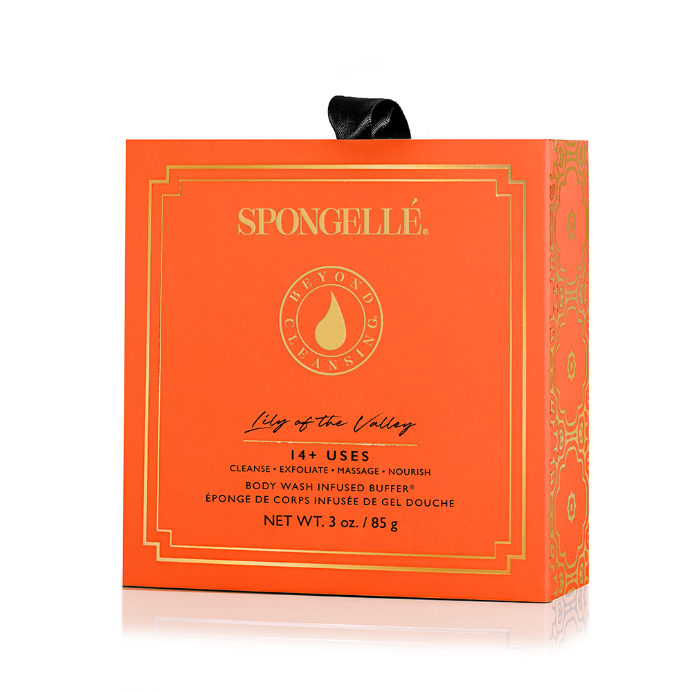 Assorted boxed Spongellé Body Wash Infused Buffer with floral design and colorful packaging for gentle cleansing.