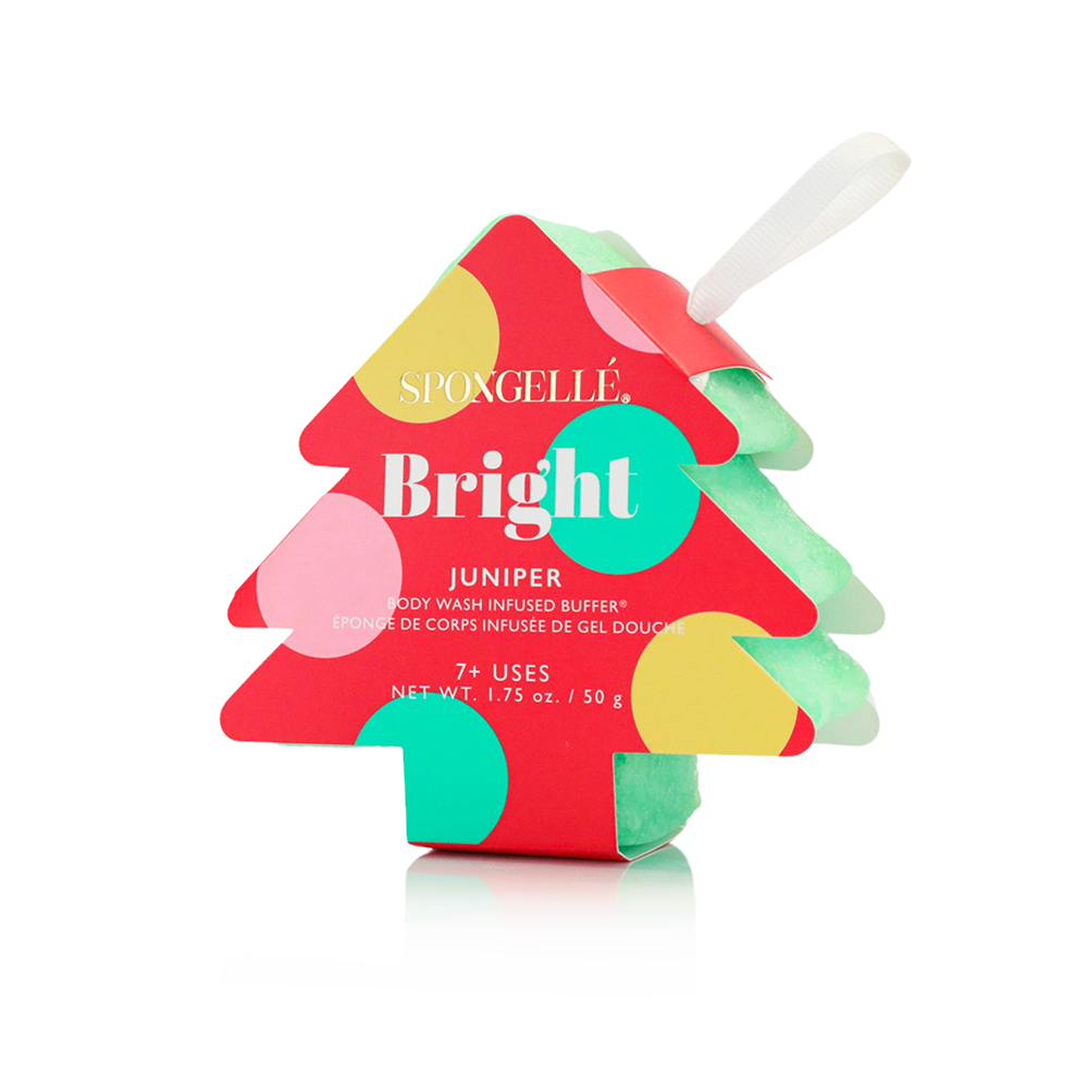 Spongellé Bright Juniper Holiday Tree body wash-infused buffer with festive holiday tree design and juniper scent.