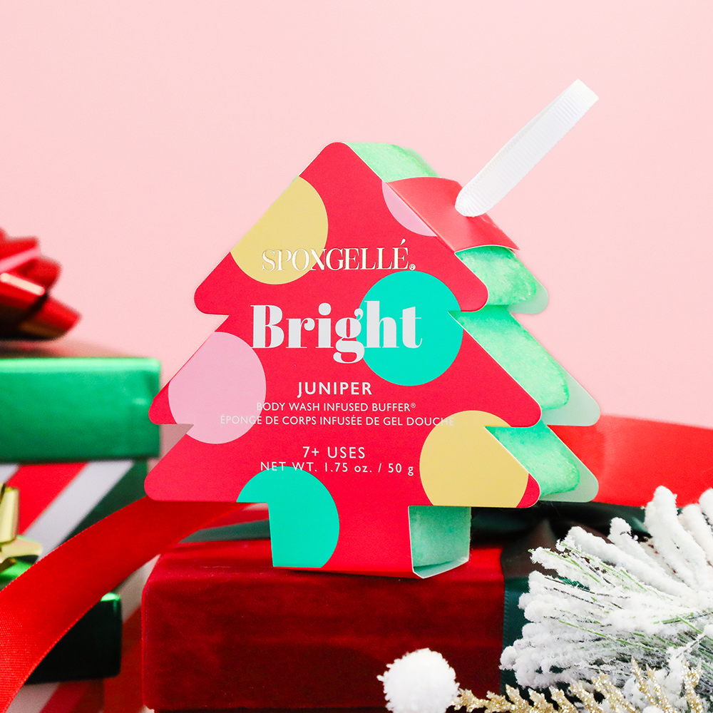 Spongellé Bright Juniper Holiday Tree body wash-infused buffer with festive juniper scent and holiday-themed design.