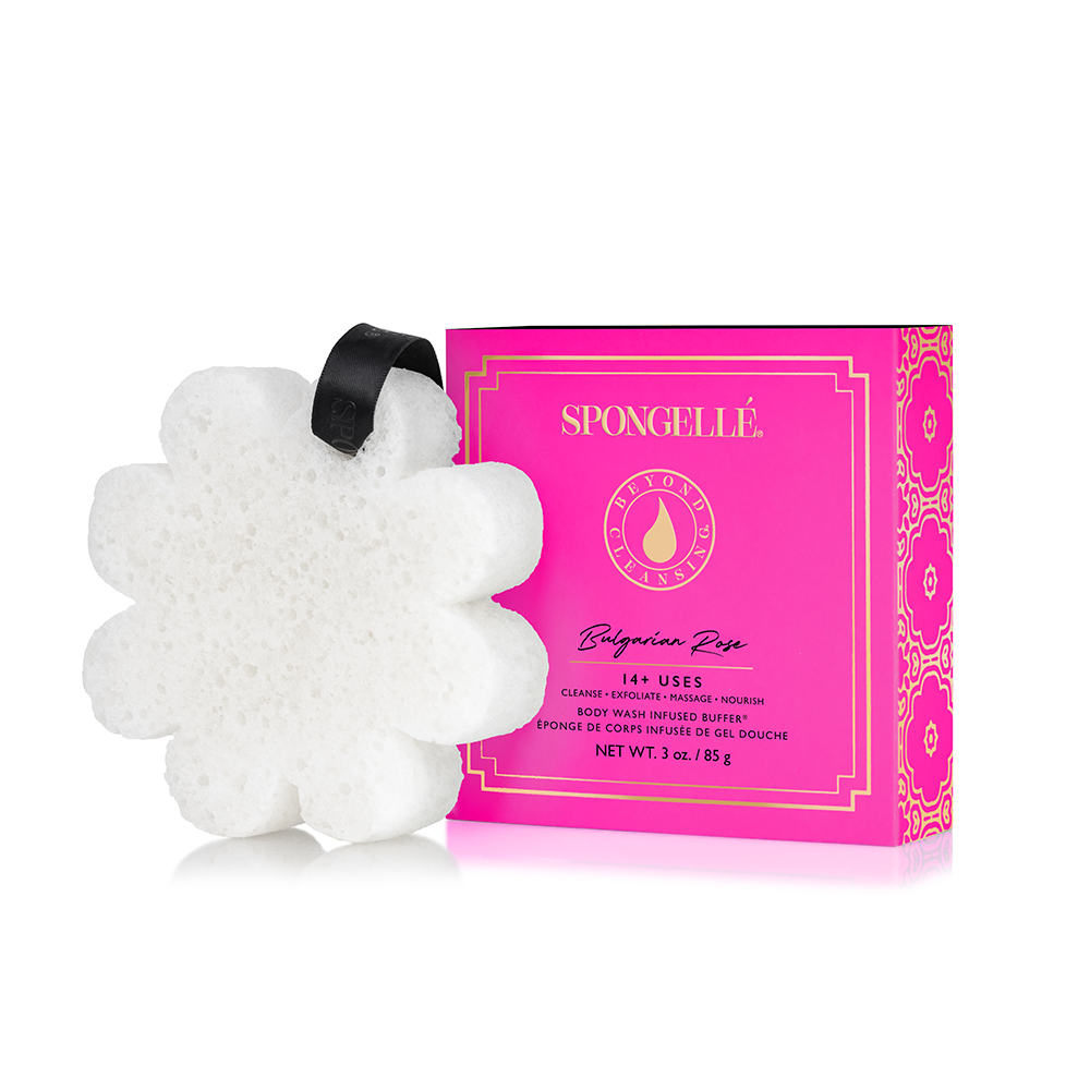 Spongellé Bulgarian Rose Body Wash Infused Buffer with boxed flower, soft exfoliating buffer infused with fragrant rose scent