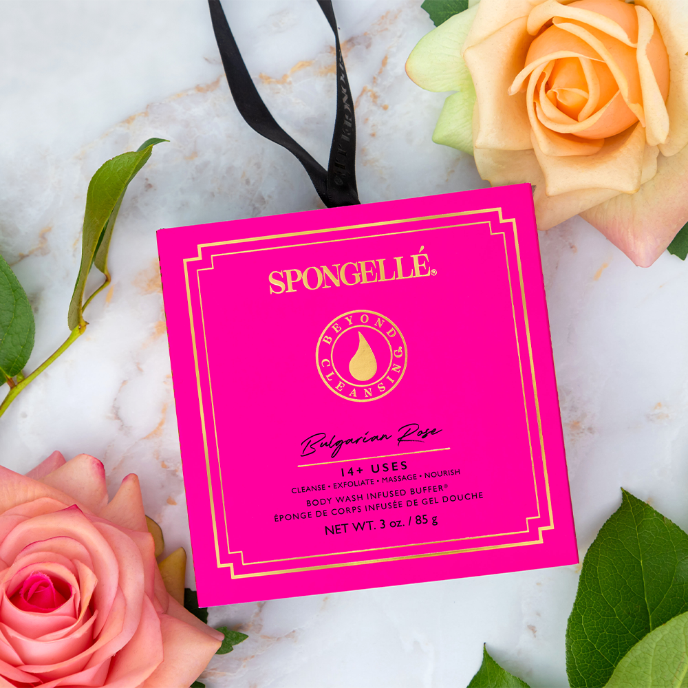 Bulgarian Rose scented Spongellé body wash infused buffer with boxed flower design, soft exfoliating body scrub for gentle cleansing.