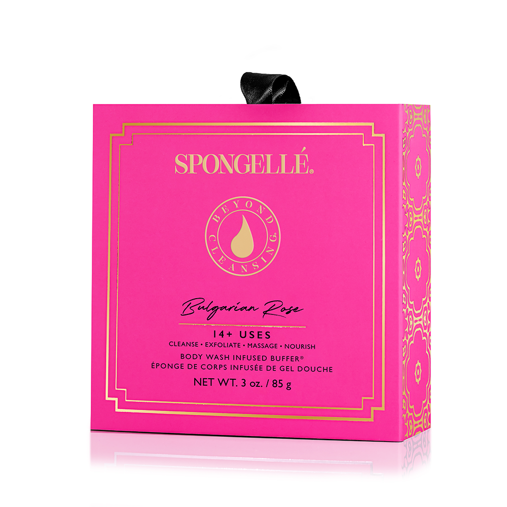 Spongellé Bulgarian Rose Body Wash Infused Buffer with boxed flower, soft exfoliating sponge with floral scent for skin care.