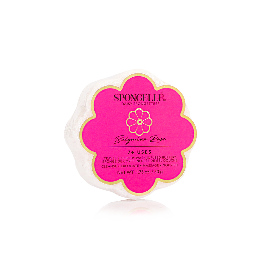 Bulgarian Rose Daisy Spongette body wash infused buffer by Spongellé, showing the floral sponge with vibrant rose design.
