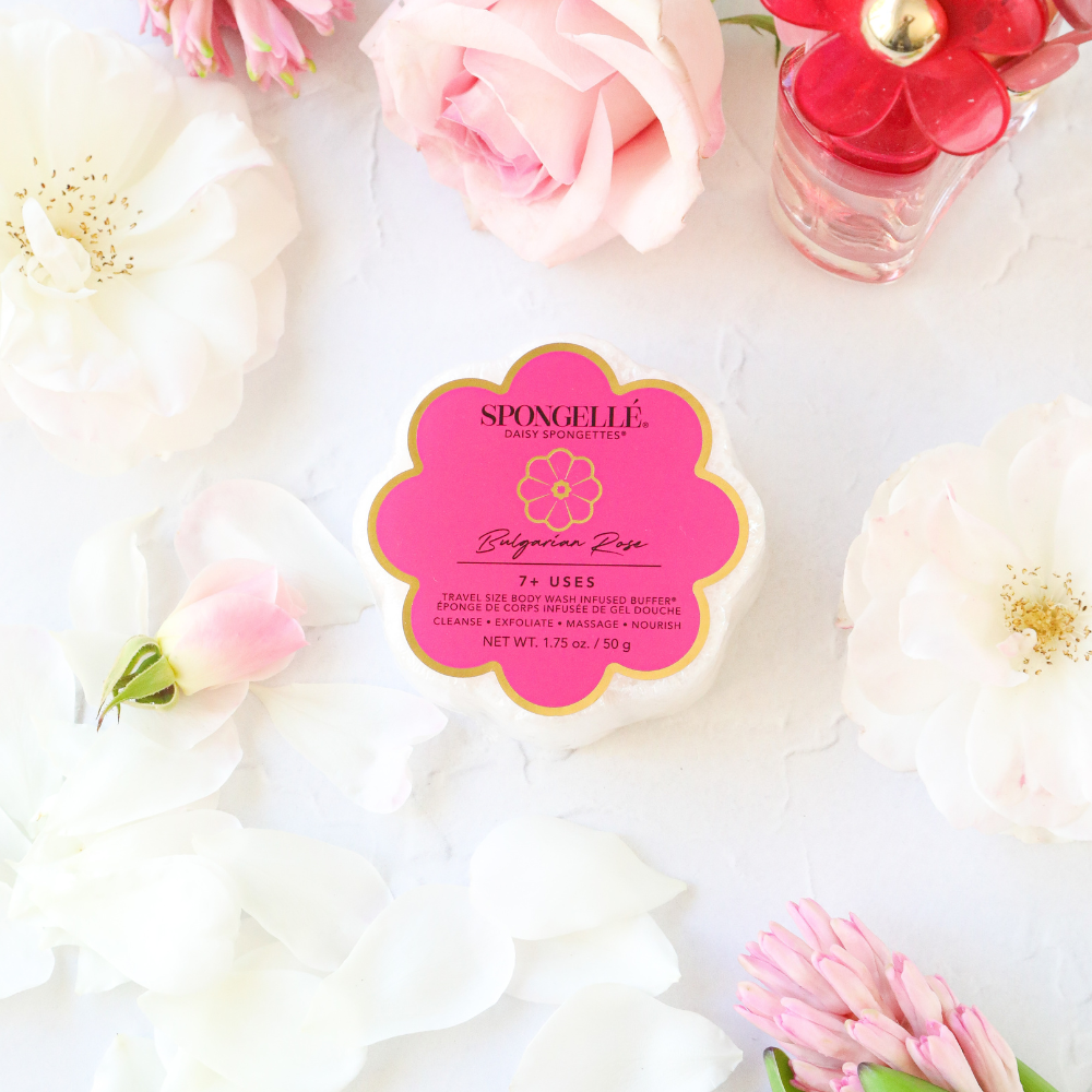 Bulgarian Rose Daisy Spongette body wash infused buffer by Spongellé, soft sponge with floral scent, ideal for gentle cleansing and exfoliation.