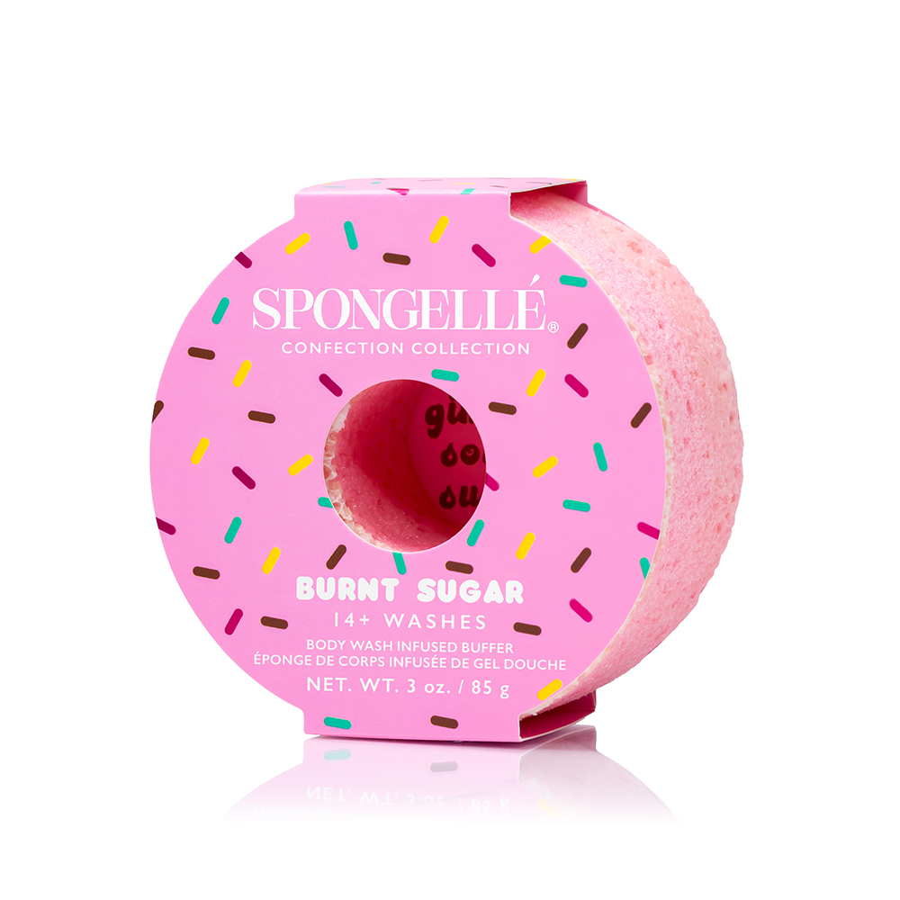 Spongellé Burnt Sugar Confection Buffer, a body wash-infused buffer with a textured surface for gentle cleansing and exfoliation.