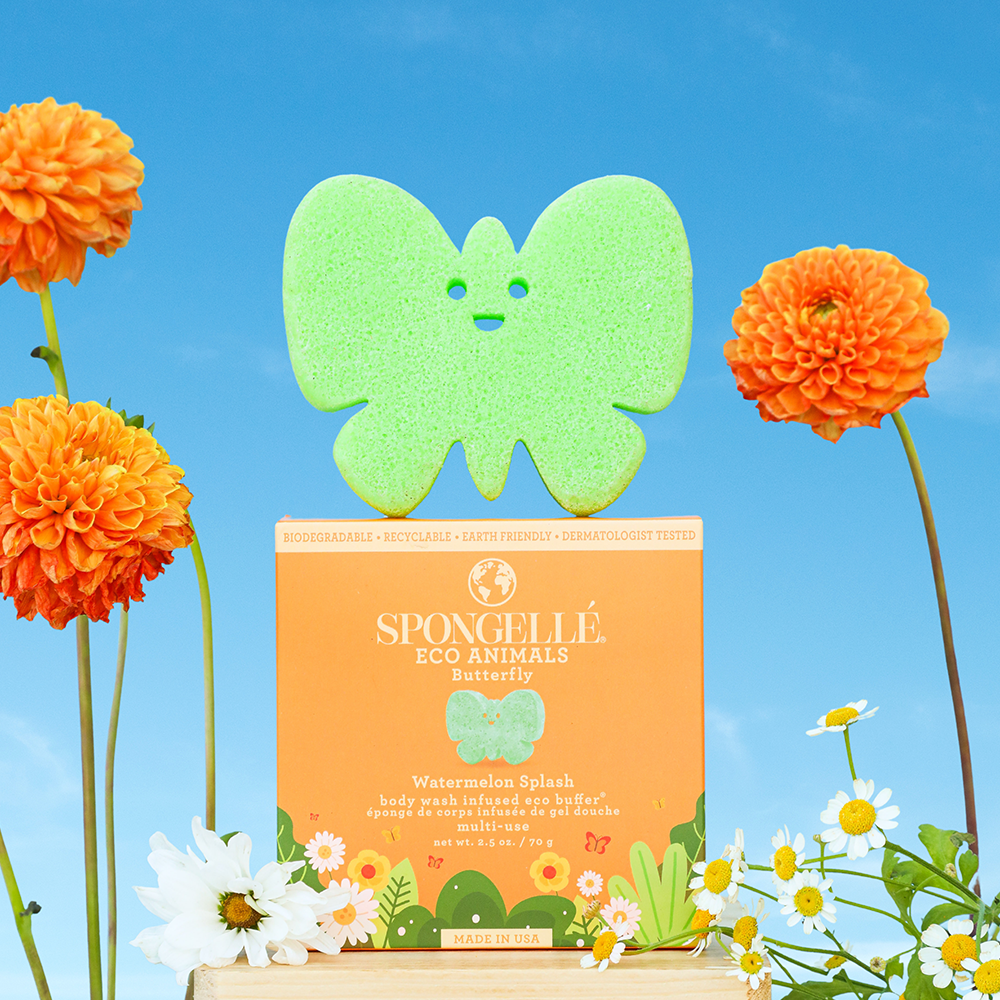 Spongellé Butterfly Eco Animals Kids Buffer, a body wash infused buffer with butterfly design for gentle skin cleansing.