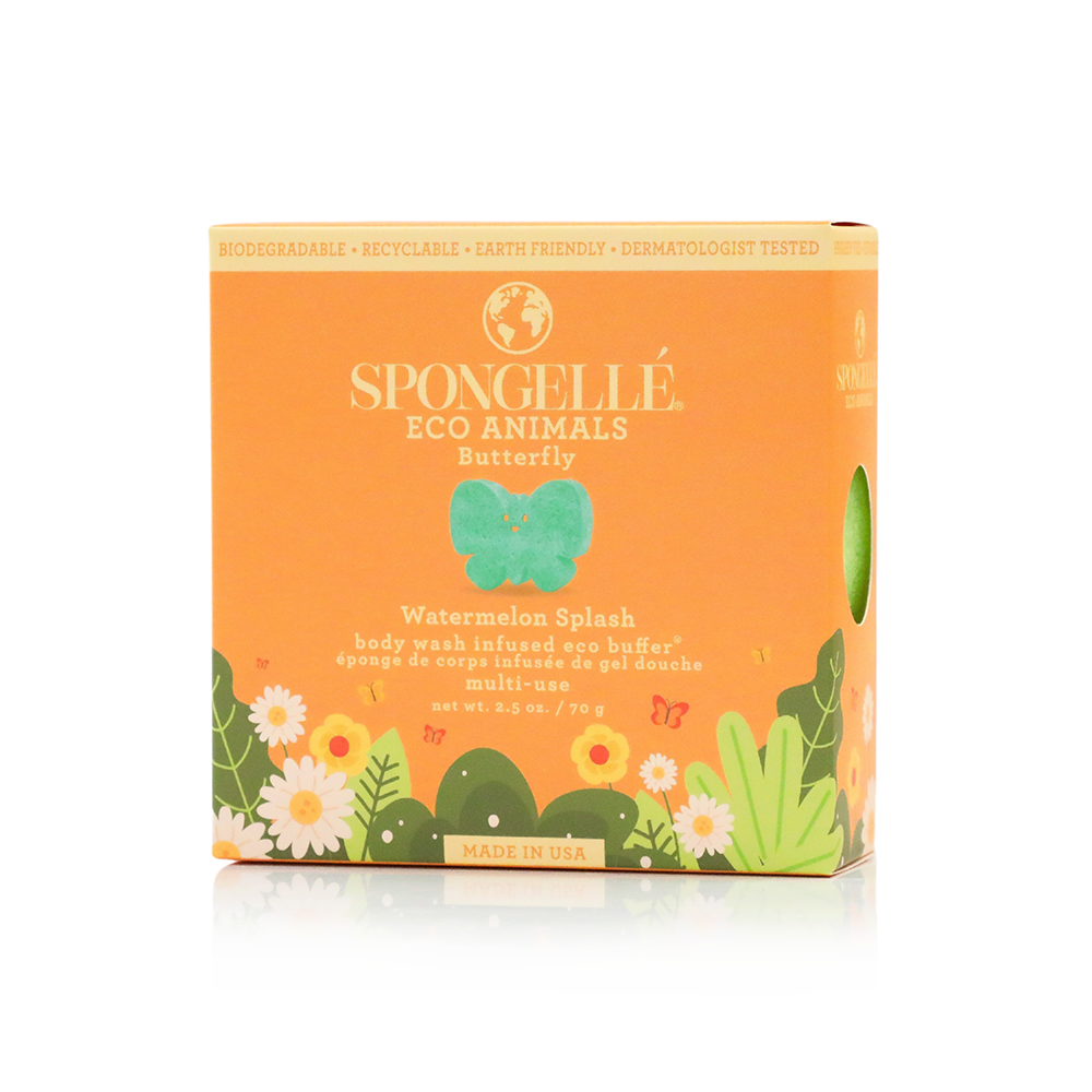 Spongellé Eco Animals Butterfly Kids Body Wash Infused Buffer, colorful sponge with butterfly design for gentle cleansing.