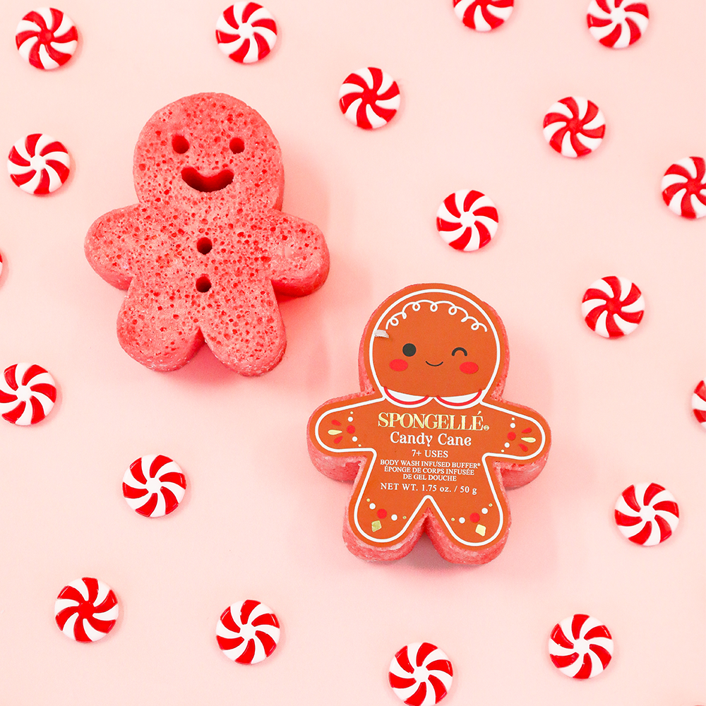 Spongellé Candy Cane and Holiday Gingerbread body wash-infused buffer with festive holiday scent and textured exfoliating surface.