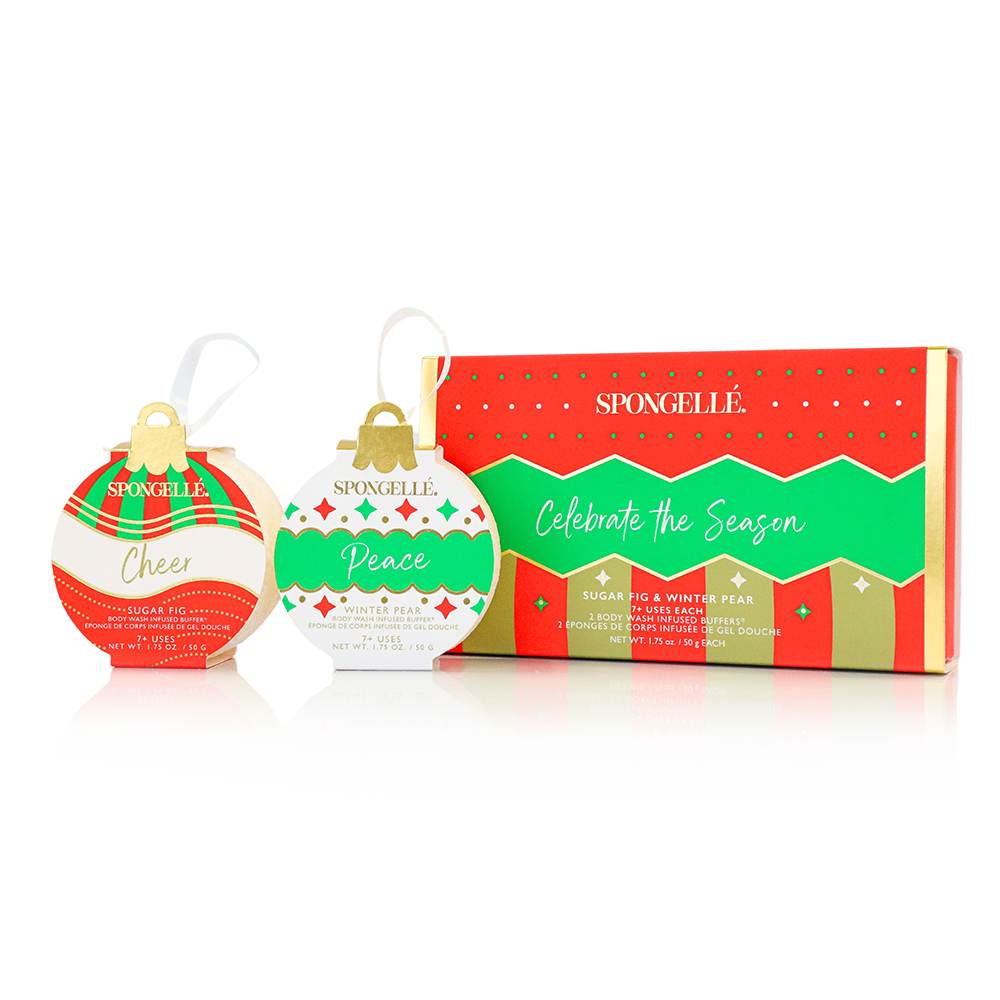 Spongellé Celebrate the Season holiday ornament gift set with body wash infused buffer for festive skincare.