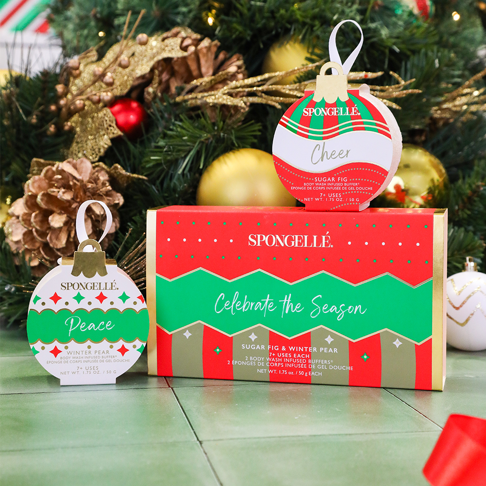 Spongellé Celebrate the Season holiday ornament gift set with body wash infused buffer and festive design.