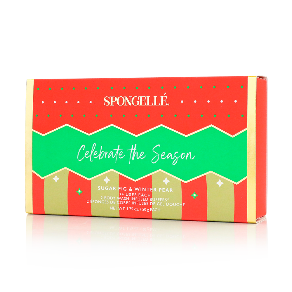 Spongellé Celebrate the Season holiday ornament gift set featuring a body wash infused buffer with festive design.