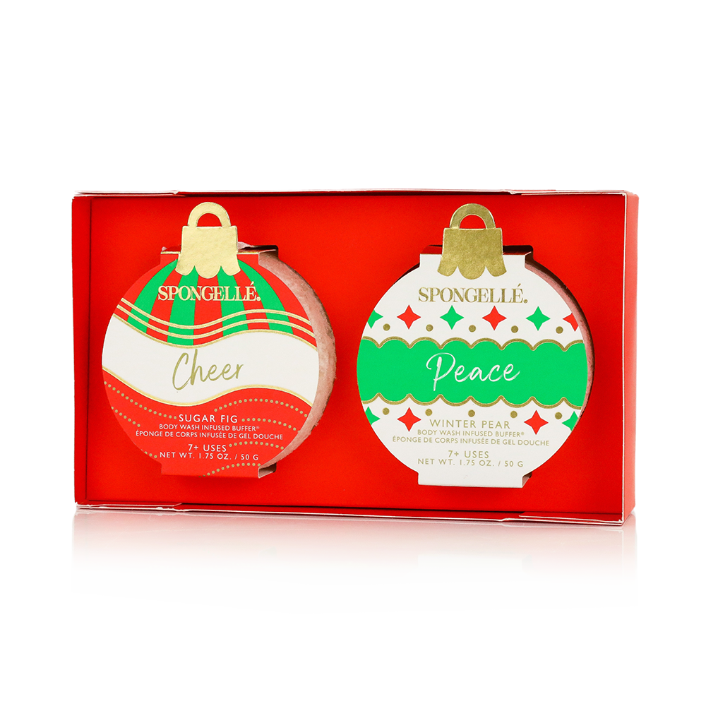 Spongellé Celebrate the Season holiday ornament gift set with body wash infused buffer, festive design, ideal for holiday gifting.