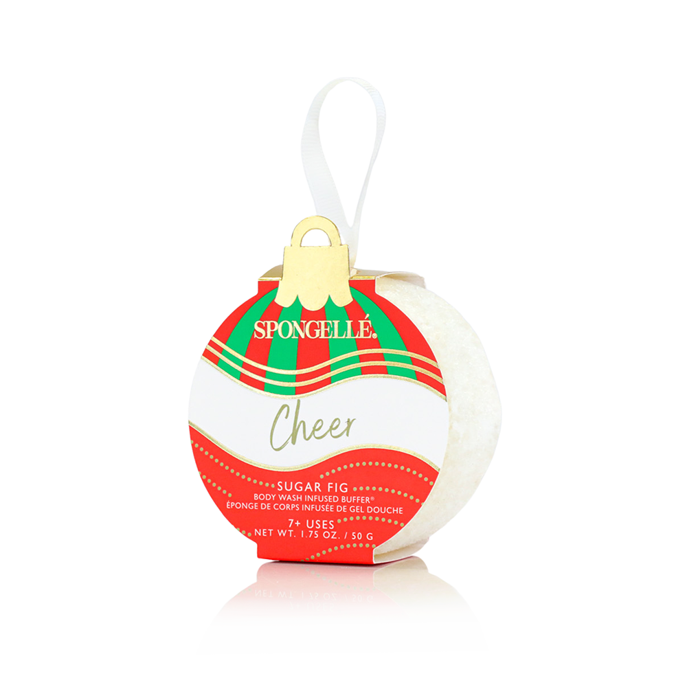 Spongellé Celebrate the Season holiday ornament gift set with body wash infused buffer, festive and luxurious skincare gift.