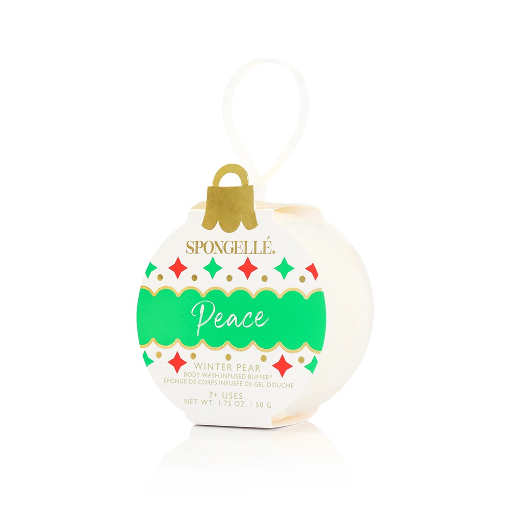 Spongellé Celebrate the Season holiday ornament gift set with body wash infused buffer for festive skincare and gentle exfoliation.