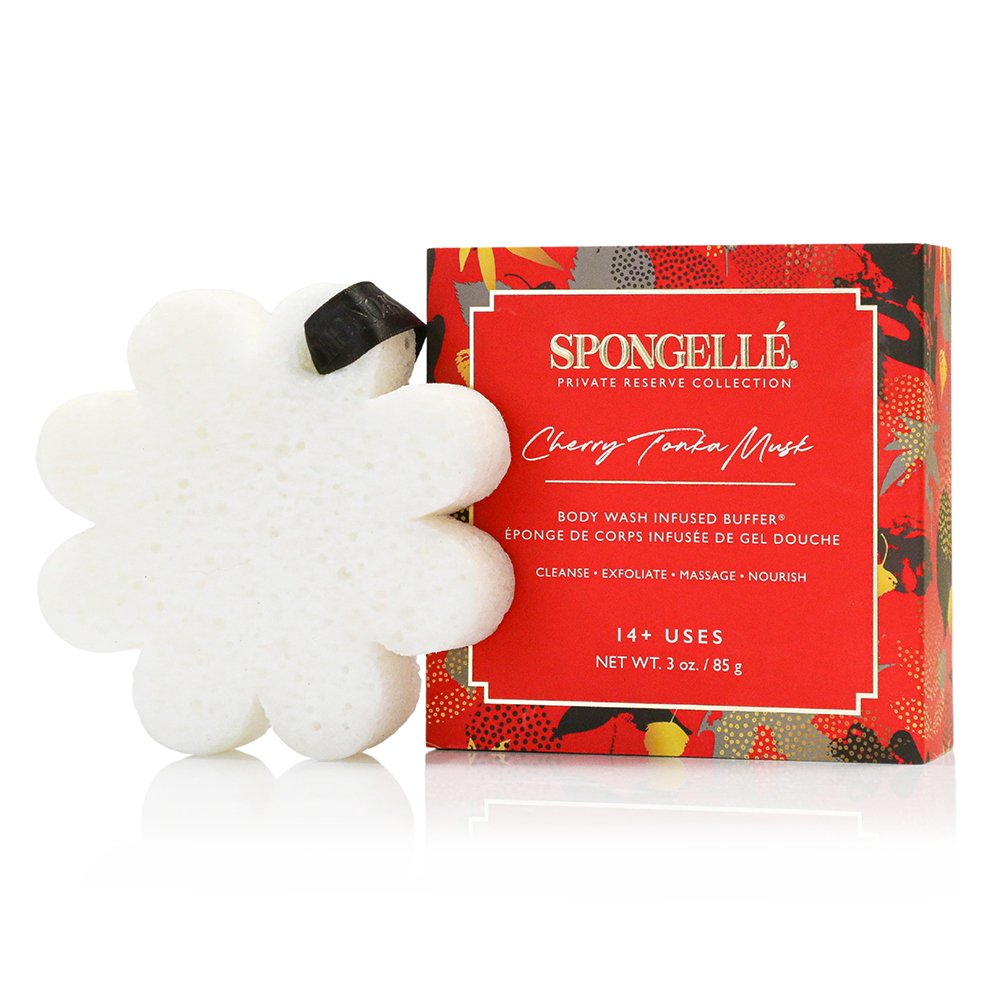 Spongellé Cherry Tonka Musk Body Wash Infused Buffer with floral design and boxed packaging, showcasing a luxurious body care product.