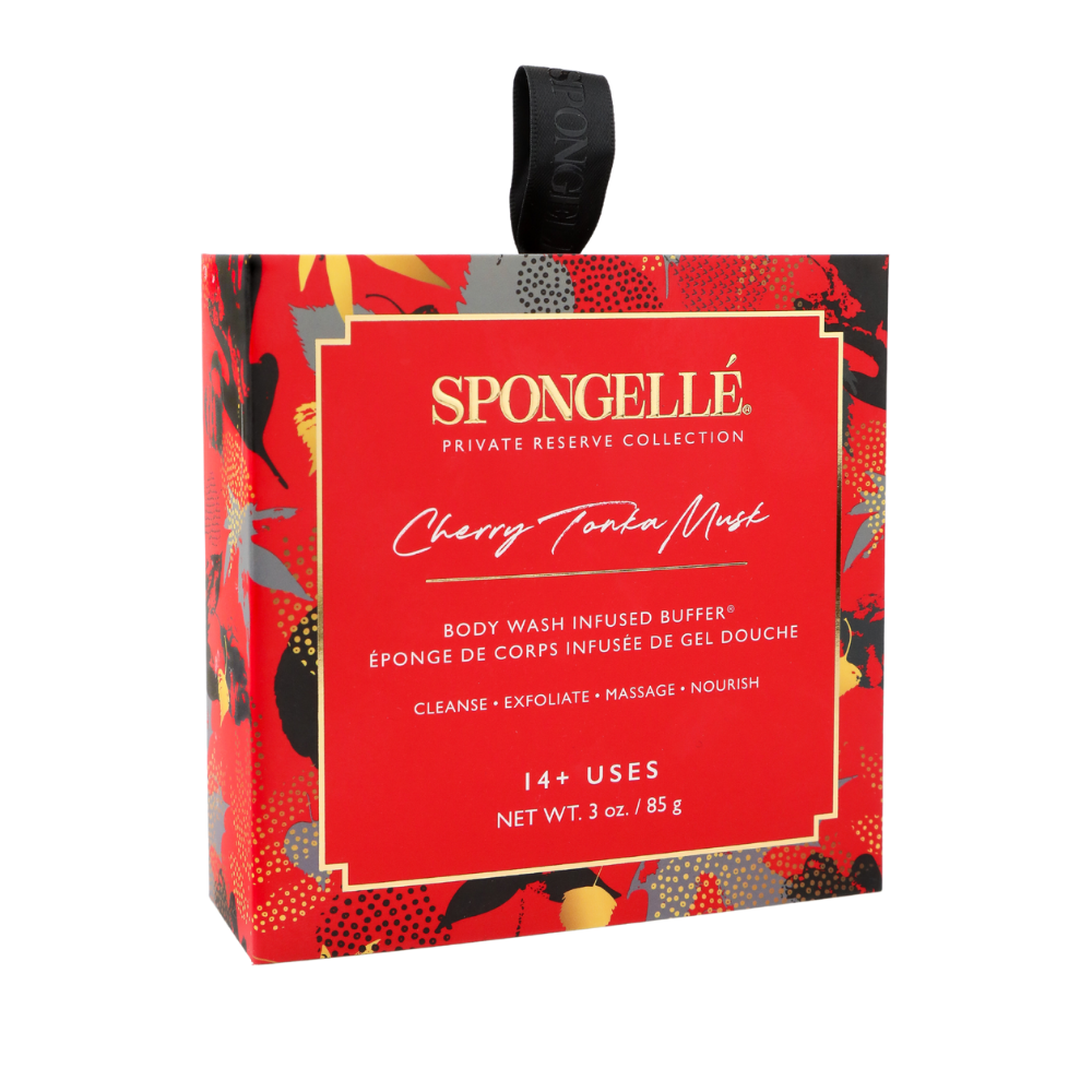 Spongellé Cherry Tonka Musk Body Wash Infused Buffer with boxed flower design for gentle exfoliation and skin cleansing.