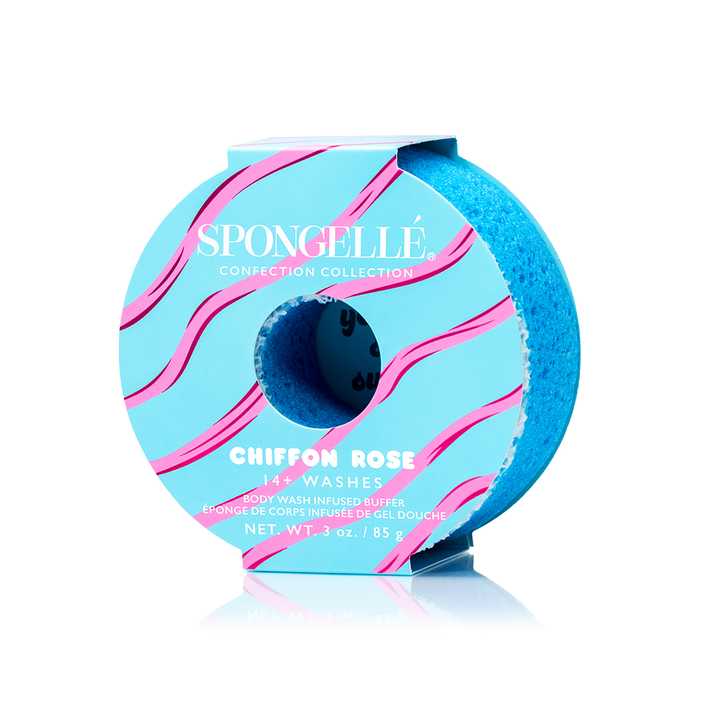 Spongellé Chiffon Rose Confection Buffer body wash-infused buffer with floral rose scent and soft textured sponge for gentle cleansing.