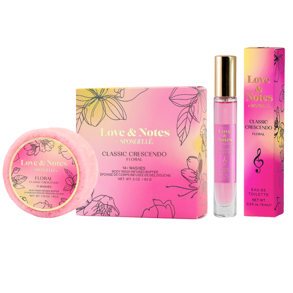 Spongellé Classic Crescendo Love & Notes Trio Set with body wash infused buffers in floral packaging, designed for luxurious skincare.