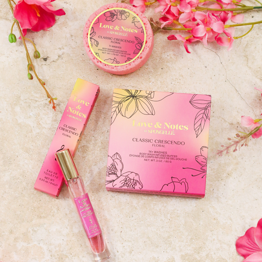 Spongellé Classic Crescendo Love & Notes Trio Set with body wash infused buffers in decorative packaging.