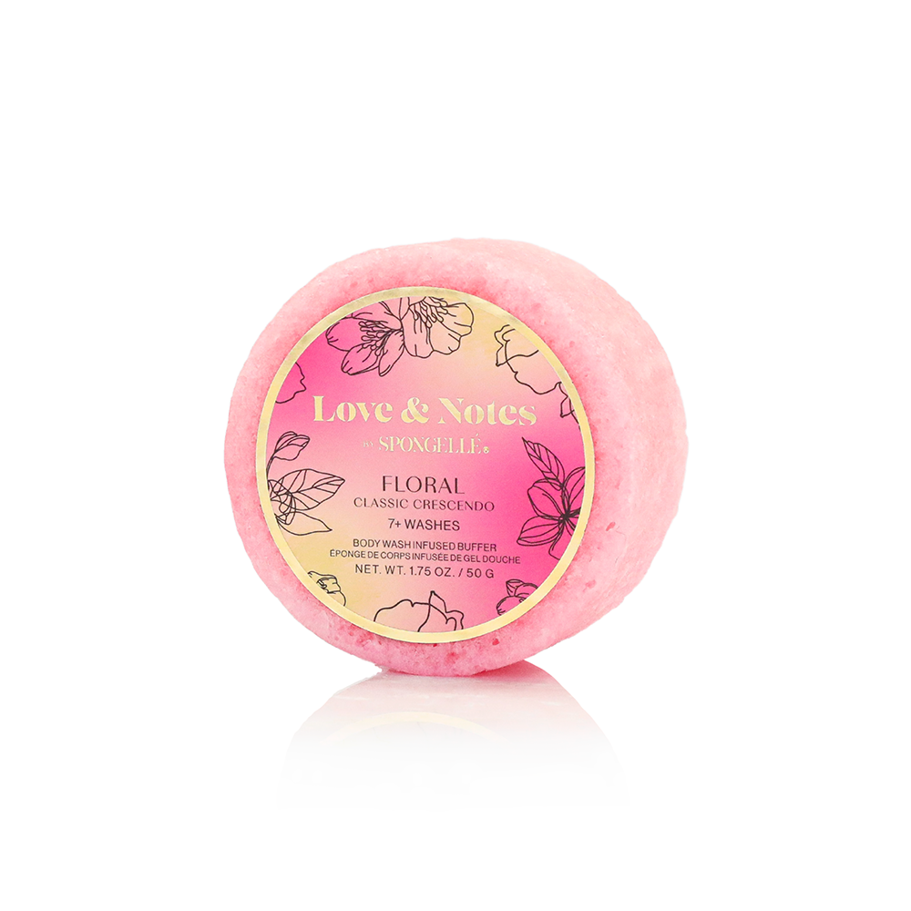Spongellé Classic Crescendo Love & Notes Body Wash Infused Buffer Trio Set with floral and fruity scents, textured exfoliating sponges.