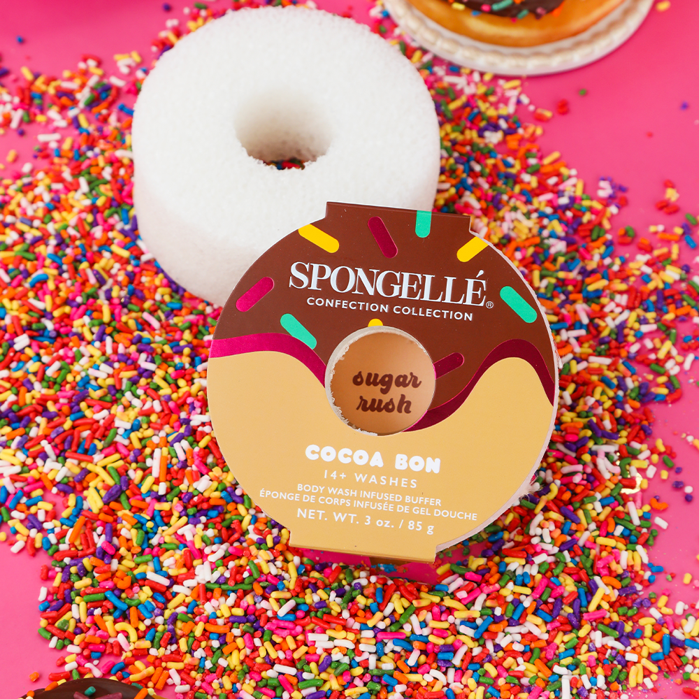 Spongellé Cocoa Bon Body Wash Infused Buffer with rich cocoa scent and soft exfoliating texture for luxurious skincare.