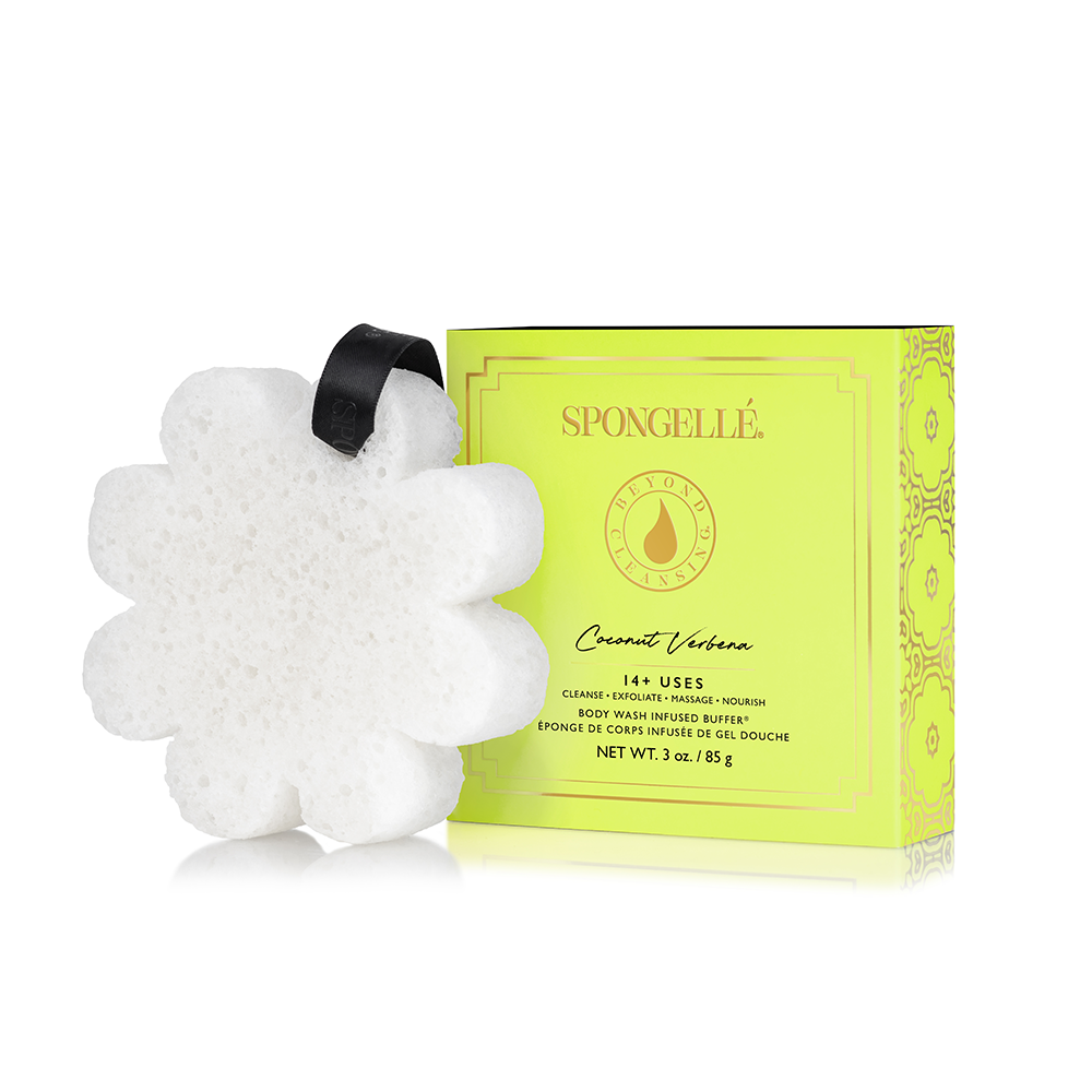 Spongellé Coconut Verbena Body Wash Infused Buffer with boxed floral design, soft sponge for gentle cleansing and aromatic fragrance.