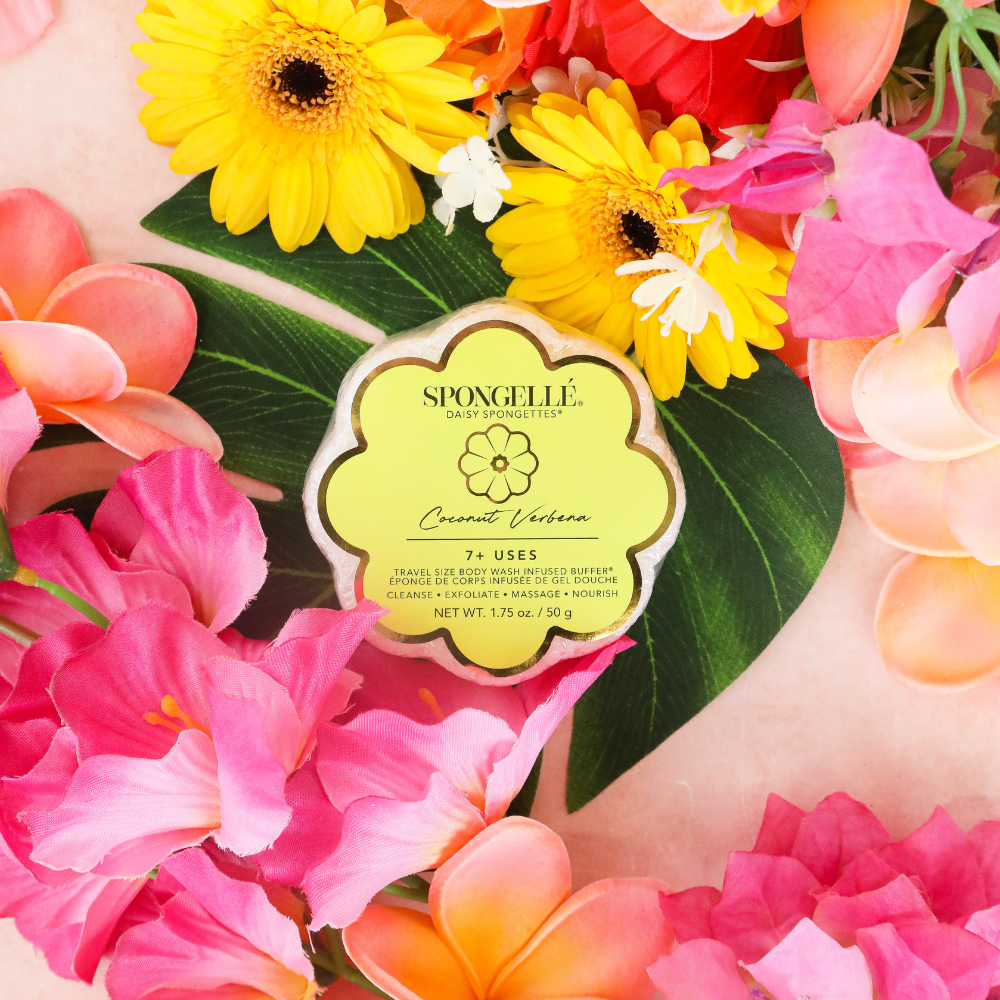 Spongellé Coconut Verbena Daisy Spongette body wash infused buffer with floral scent and soft exfoliating surface.