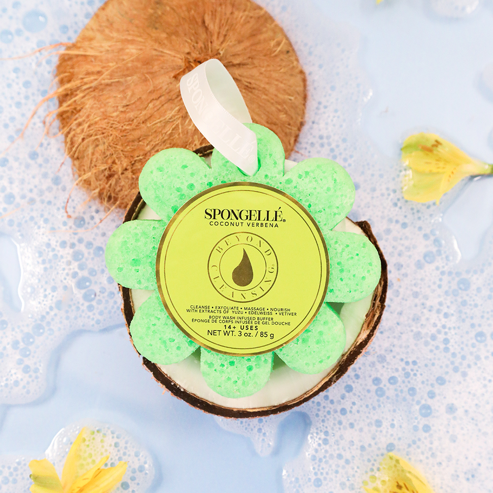 Spongellé Coconut Verbena Wild Flower bath sponge with body wash-infused buffer and textured surface for gentle cleansing.