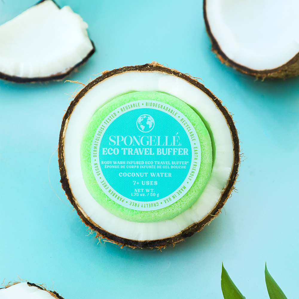 Spongellé Coconut Water Eco Travel Buffer, a body wash infused buffer with coconut scent, designed for gentle skin cleansing.