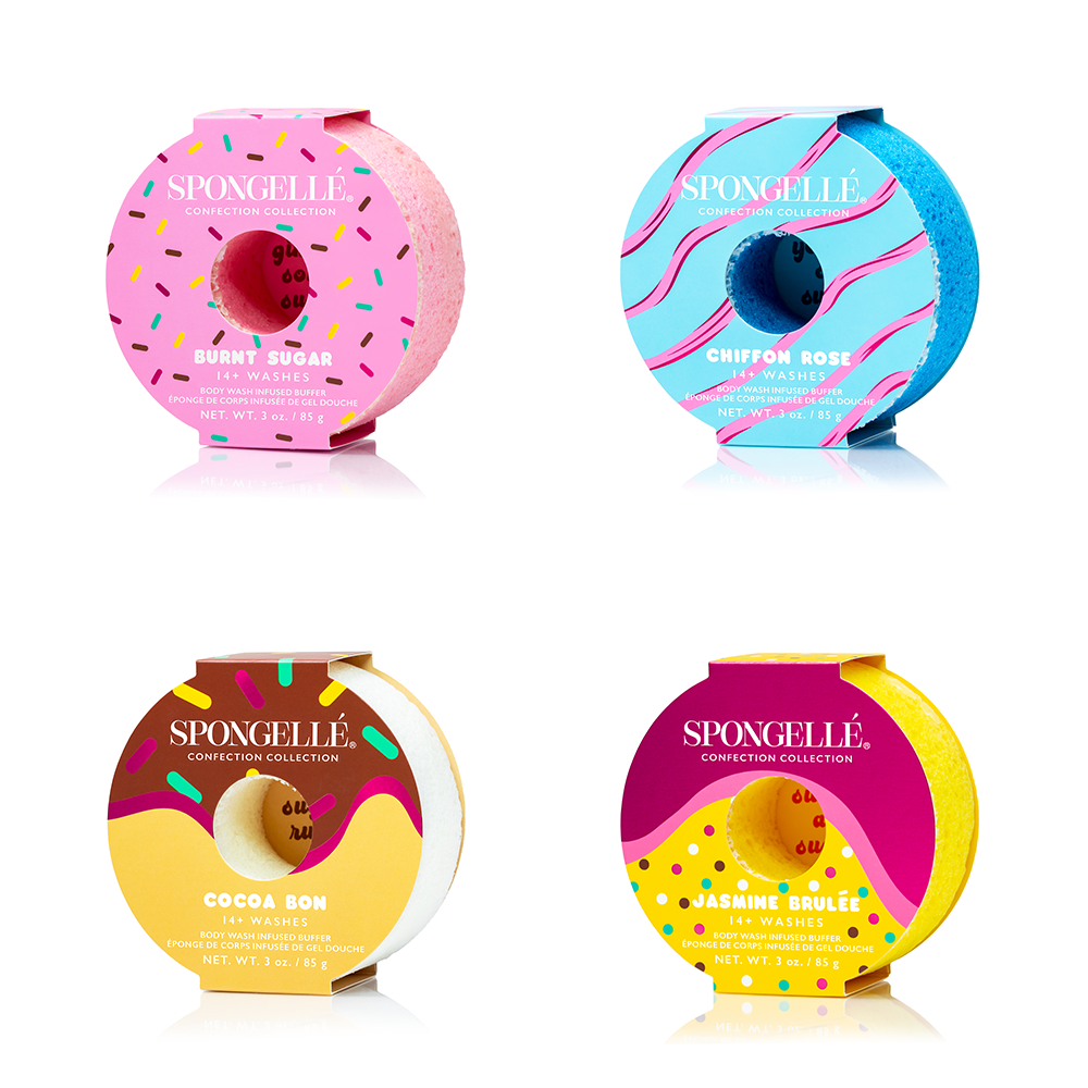 Spongellé Confection Buffer Assorted Pack, body wash infused buffer with colorful, textured sponge for gentle cleansing and exfoliation.