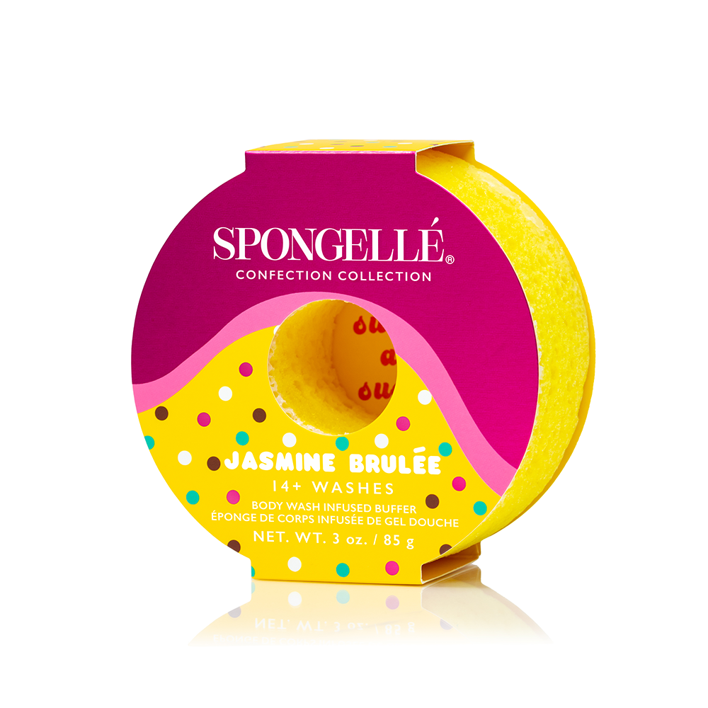 Assorted pack of Spongellé Confection Buffer body wash-infused buffers with colorful, textured sponges for cleansing and exfoliating skin.