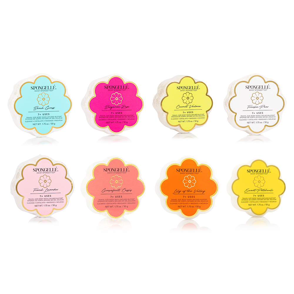 Spongellé Daisy Spongette Assorted Pack with body wash-infused buffers, floral design, and soft textured sponges for gentle cleansing.