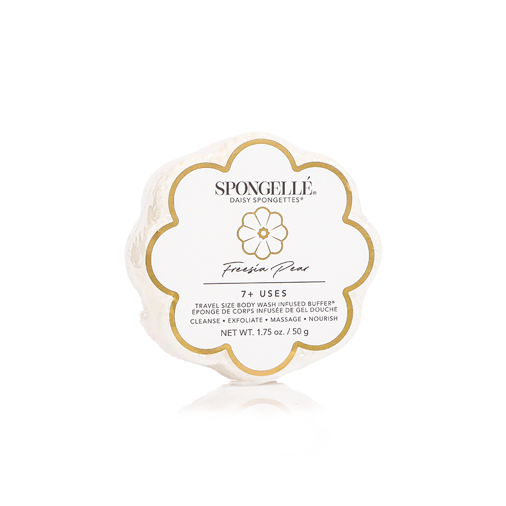 Spongellé Daisy Spongette Assorted Pack of body wash infused buffers with floral design and soft sponge texture for skincare.