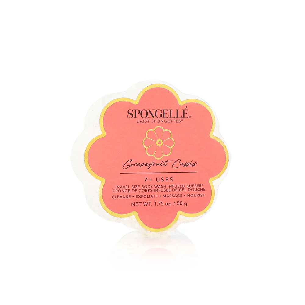 Spongellé Daisy Spongette Assorted Pack, body wash-infused buffers in floral yellow and white, with textured sponge surfaces.