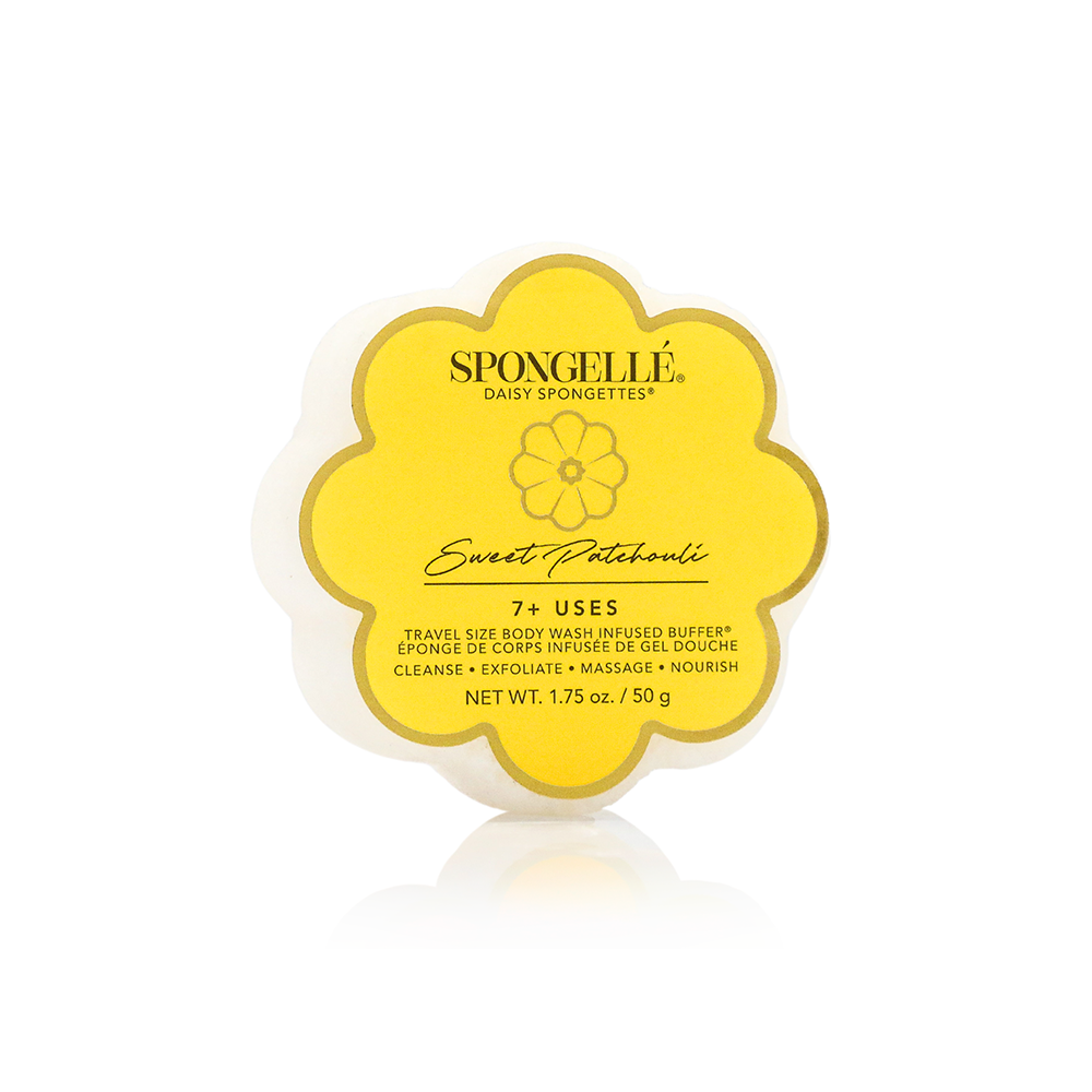 Spongellé Daisy Spongette Assorted Pack, body wash infused buffers with floral design, soft sponge texture for skin cleansing.