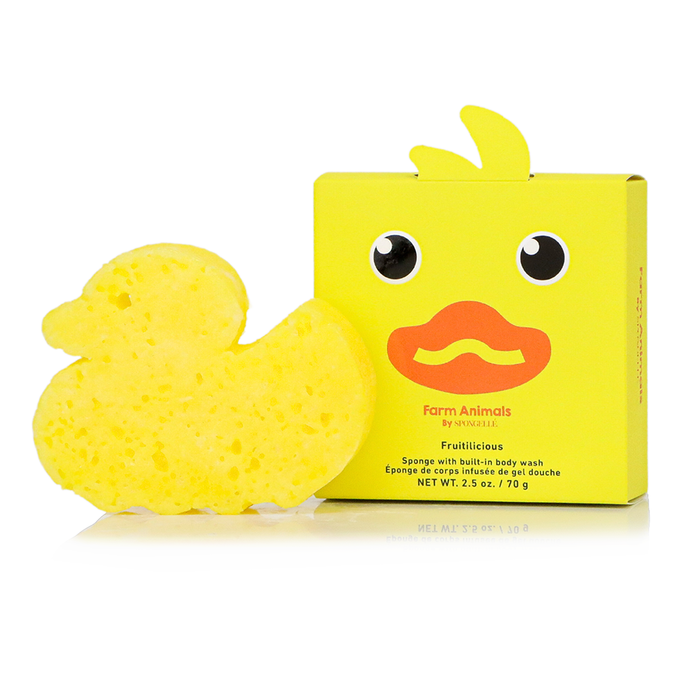 Spongellé Danny Duck Farm Animals body wash infused buffer with farm animal design and vibrant yellow color.