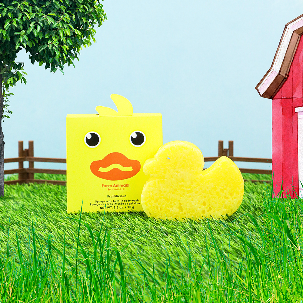 Spongellé Danny Duck Farm Animals body wash infused buffer with cute duck and farm animal design, soft textured for gentle cleansing.