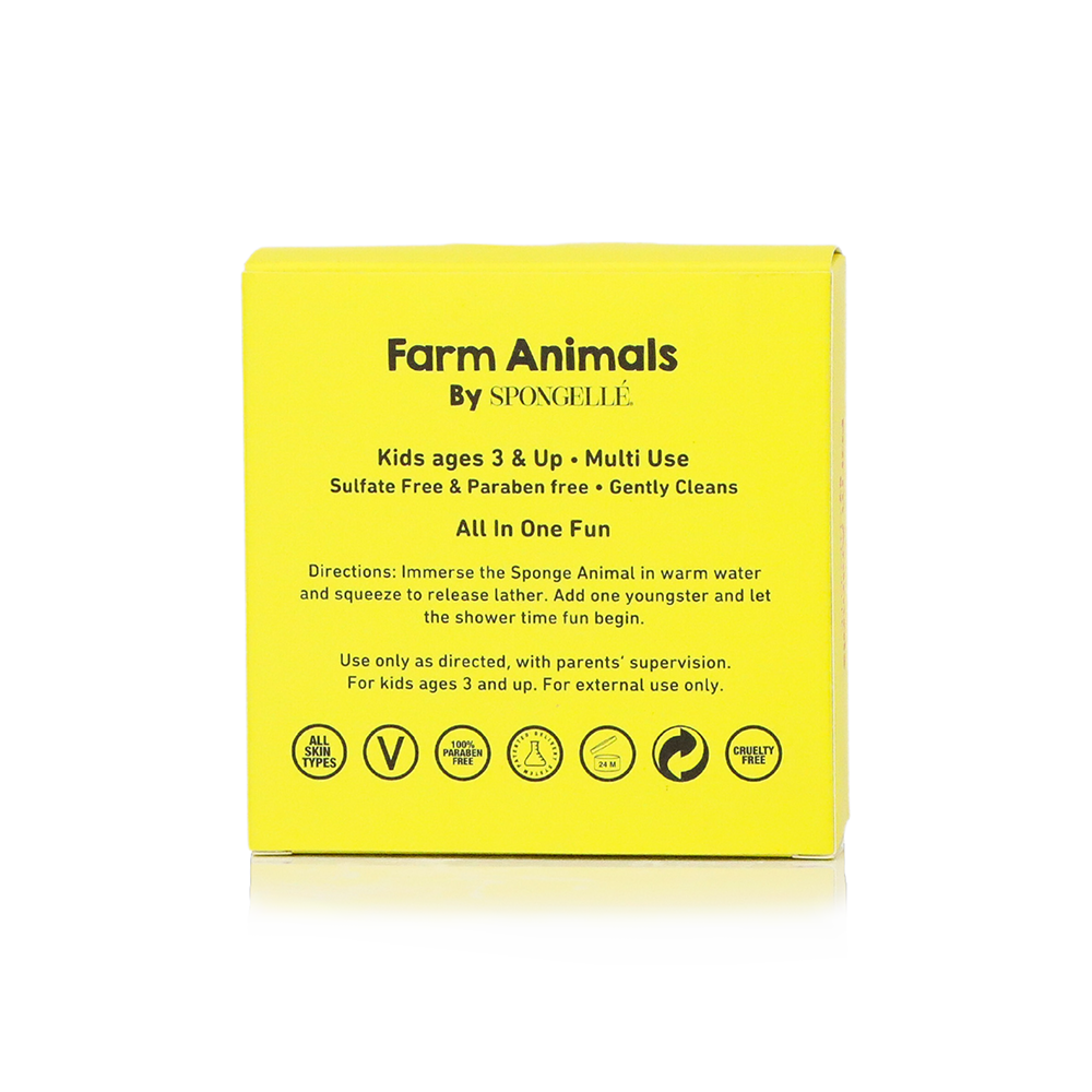 Spongellé Danny Duck farm animals body wash infused buffer with colorful cartoon duck and farm animal design, ideal for gentle cleansing.