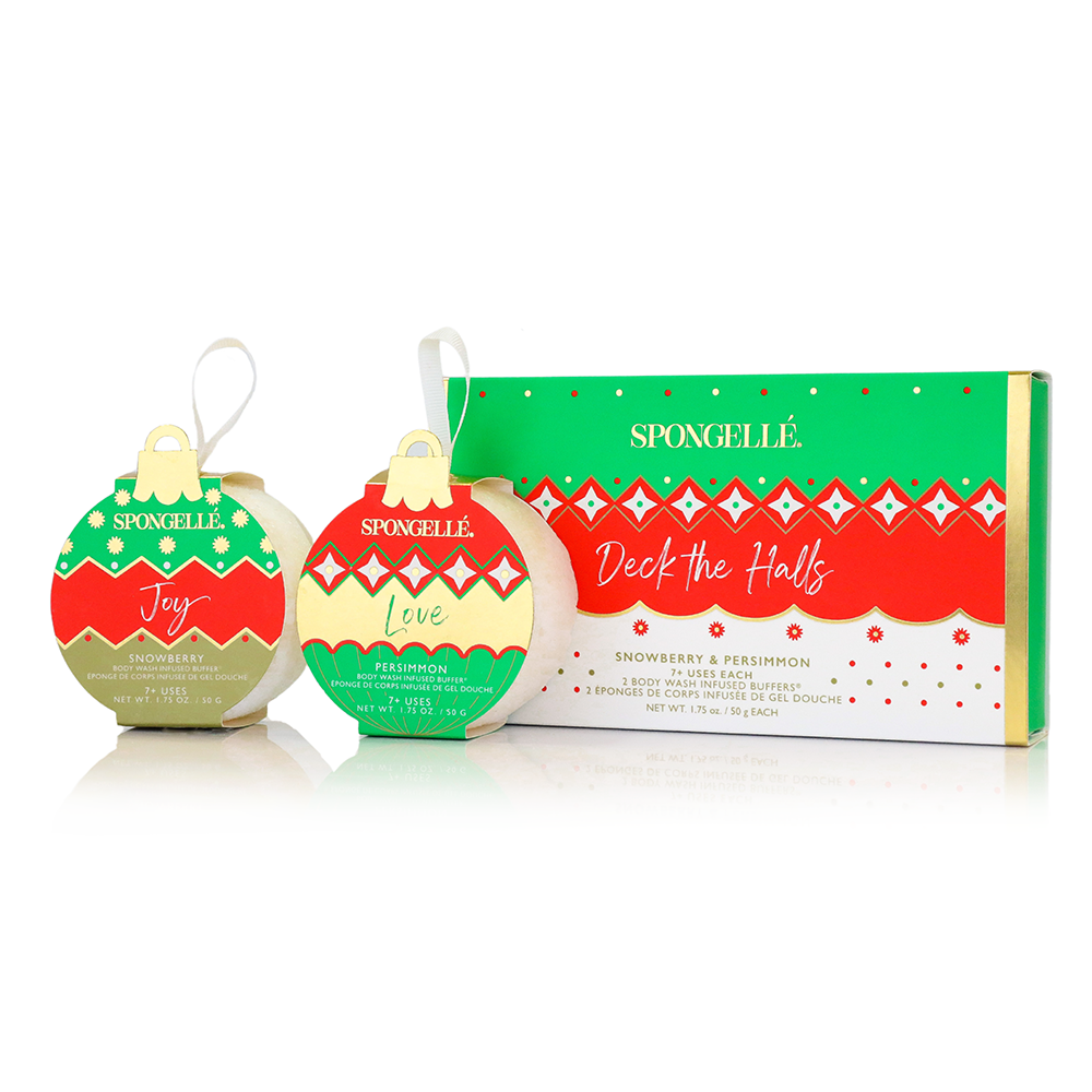 Spongellé Deck the Halls holiday ornament gift set with body wash infused buffer, festive and decorative for holiday gifting.