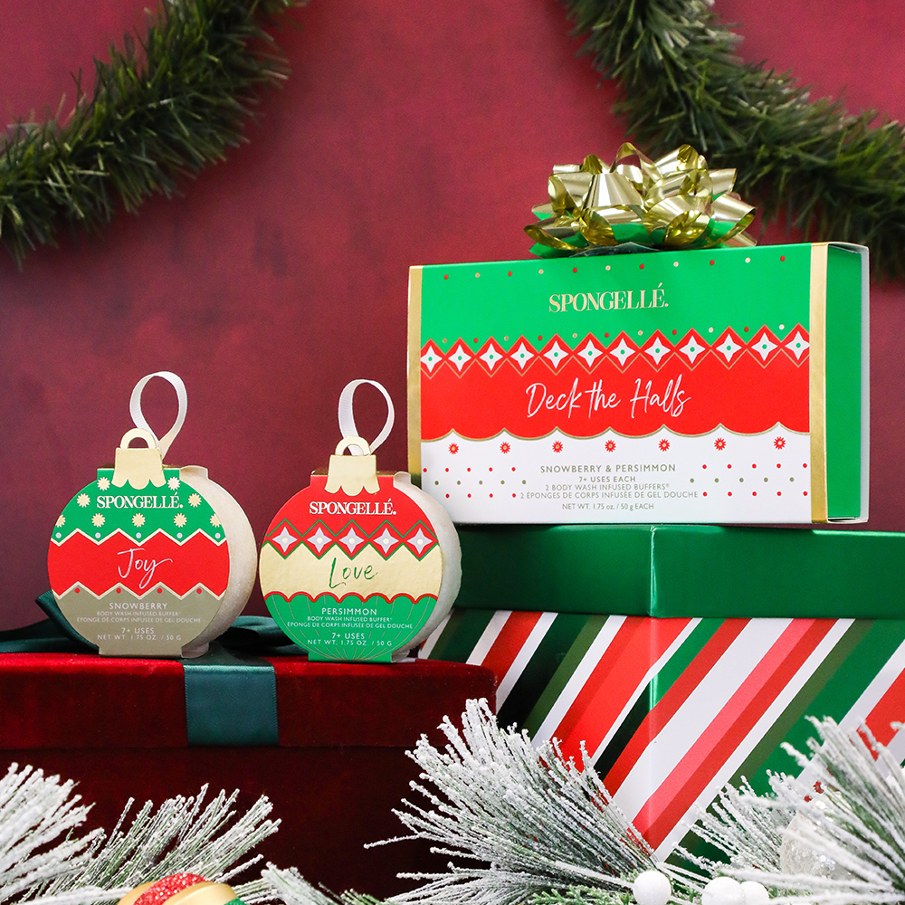 Spongellé Deck the Halls holiday ornament gift set with body wash infused buffer, festive and decorative for holiday skincare.