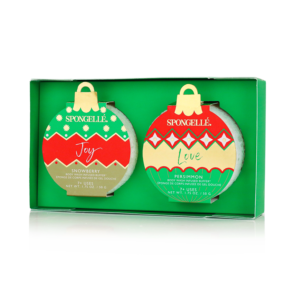 Spongellé Deck the Halls holiday ornament gift set with body wash infused buffer, festive ornament design for holiday gifting.