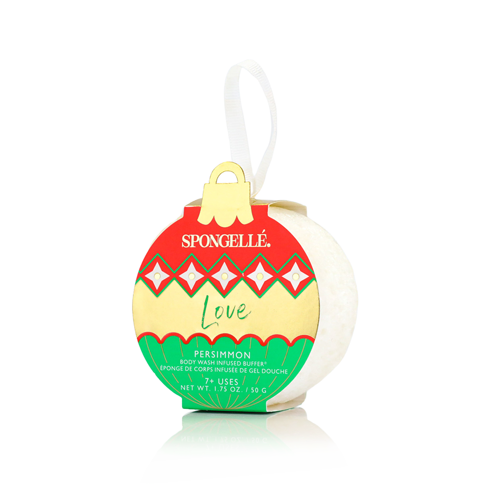 Spongellé Deck the Halls holiday ornament gift set with body wash infused buffer and festive holiday-themed ornament.