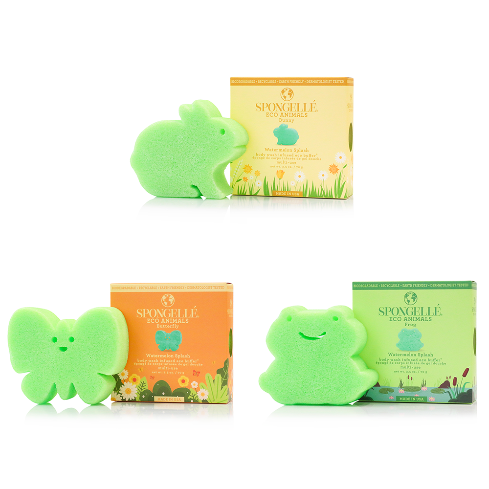 Spongellé Eco Animals assorted pack of body wash infused buffers with colorful animal designs and textured surfaces.